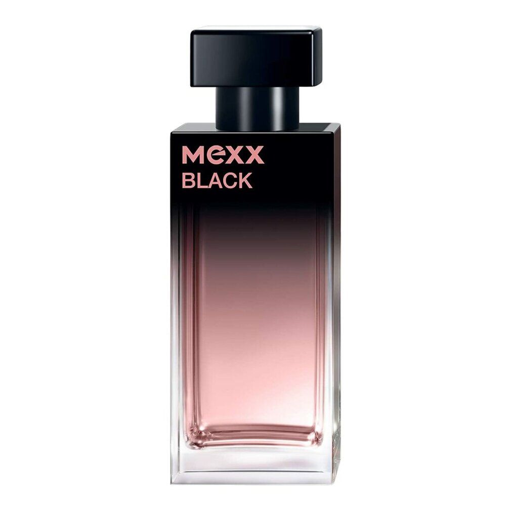 Flacone di Mexx Black Woman Eau de Toilette. Flacone rettangolare nero con sfumatura rosa. Tappo nero. Base in vetro trasparente.
