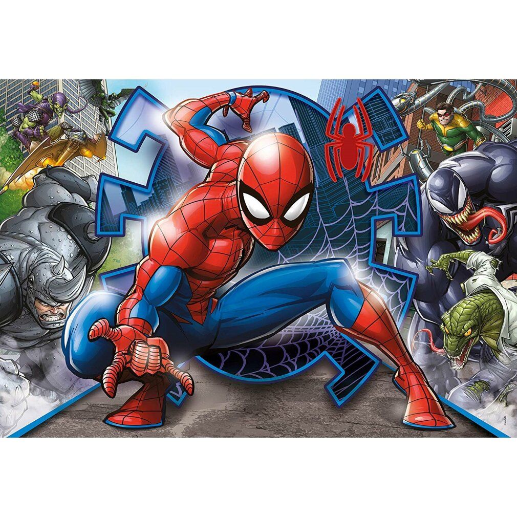 Motivo del puzzle di Spiderman. Spiderman in costume rosso e blu. Nemici sullo sfondo. Simbolo del web.