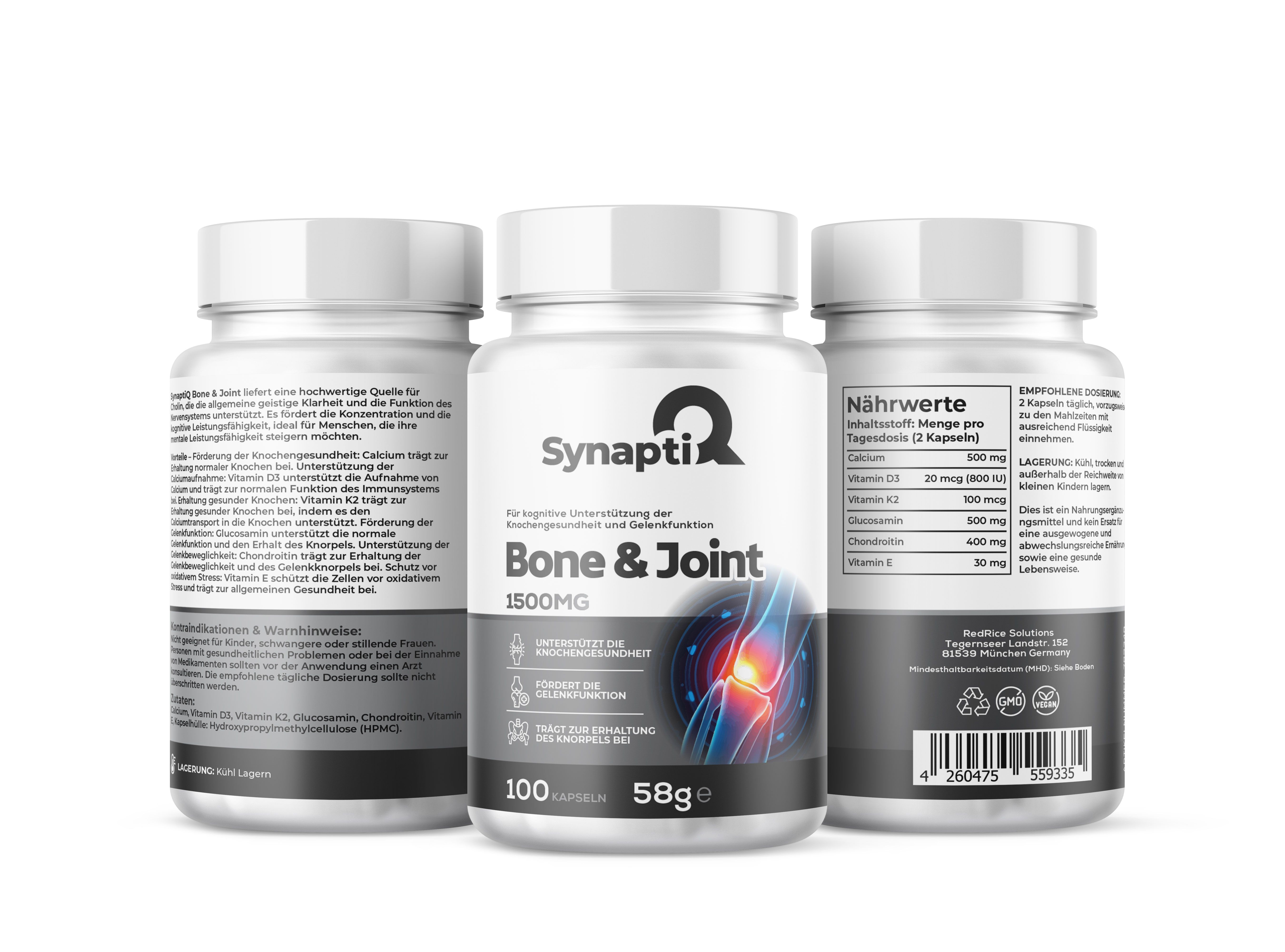 Tre flaconi bianchi SynaptiQ® Bone & Joint. Scritta: 1500MG, 100 capsule, 58g. Etichetta con informazioni nutrizionali e codice a barre.