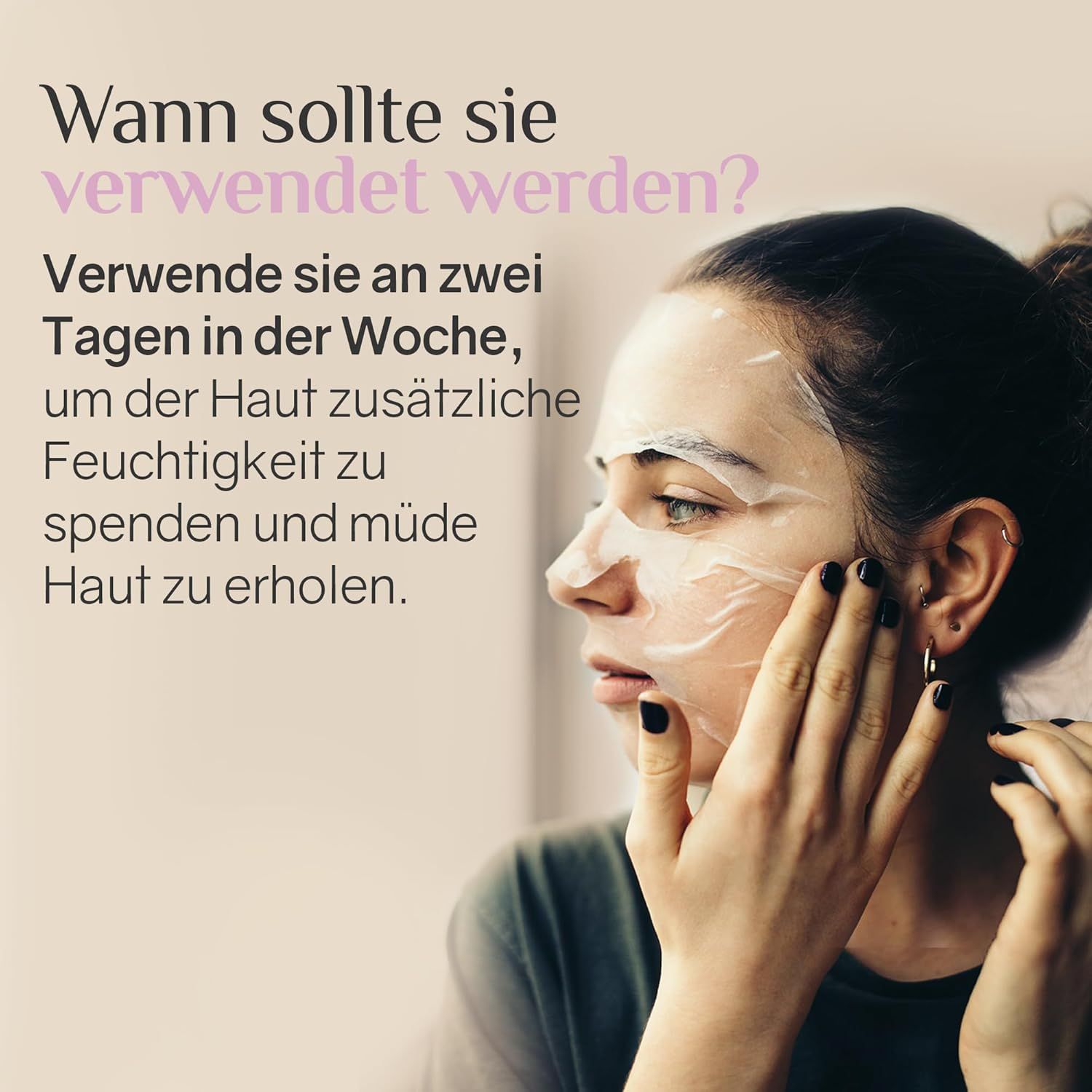 Donna con maschera viso. Testo: Utilizzare 2 volte a settimana per idratare e rivitalizzare la pelle stanca.