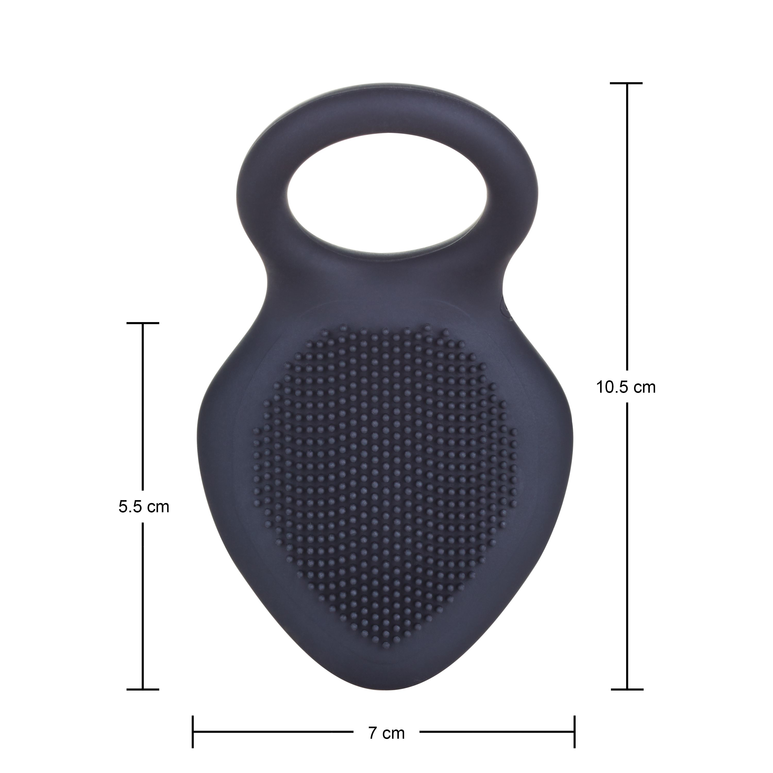 Prodotto benessere grigio scuro con manico e superficie strutturata. Dimensioni: 10,5 x 7 x 5,5 cm.