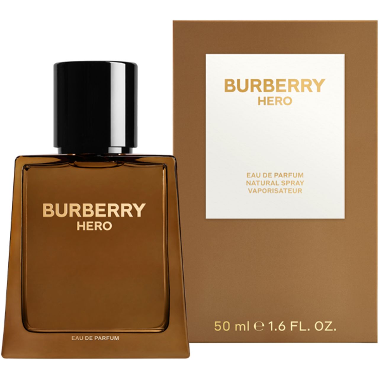 Flacone e scatola Burberry Hero. Flacone marrone con tappo nero. Scatola marrone con riquadro bianco.