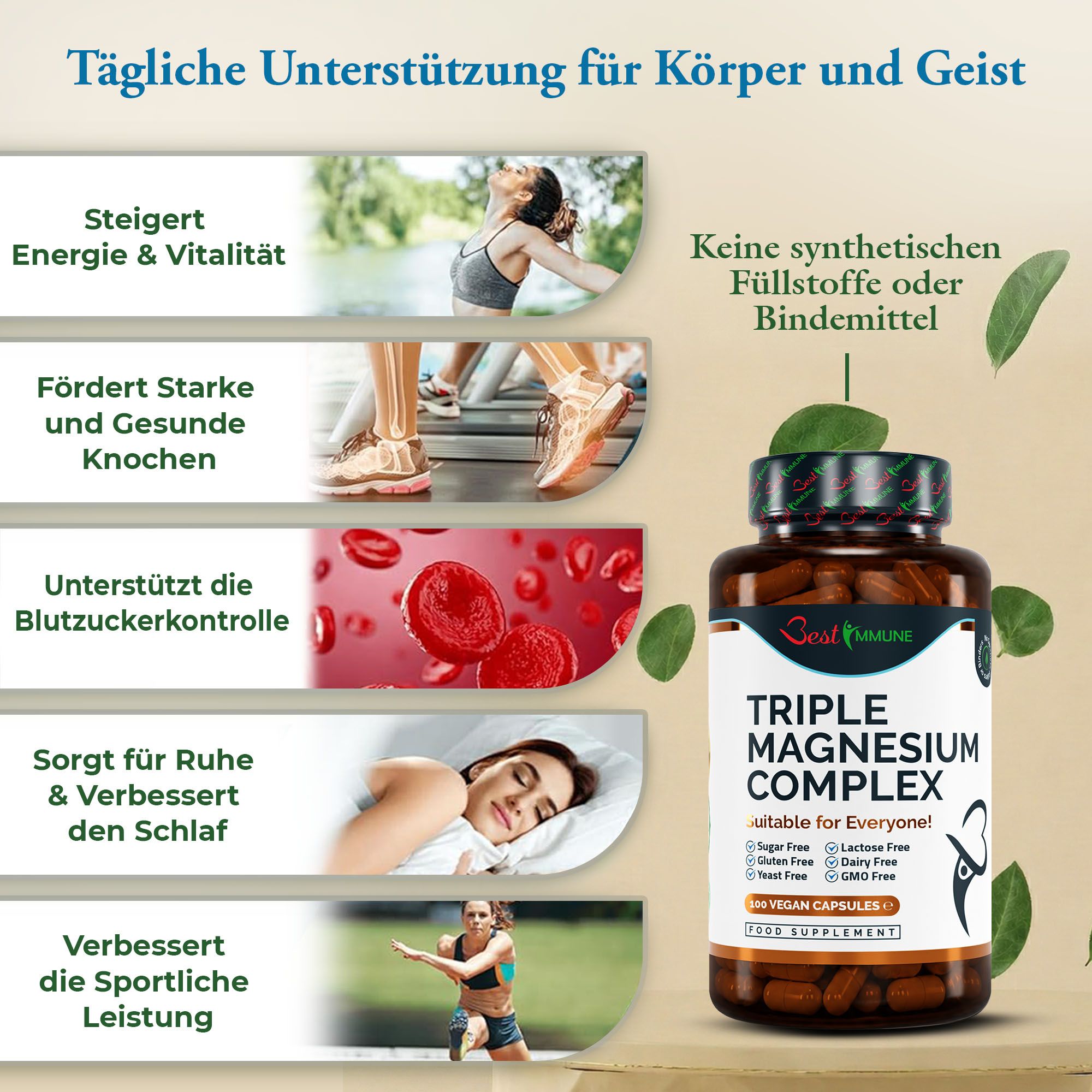 Flacone Triple Magnesium Complex e grafici su energia, ossa, glicemia e sonno. Nessun riempitivo sintetico.