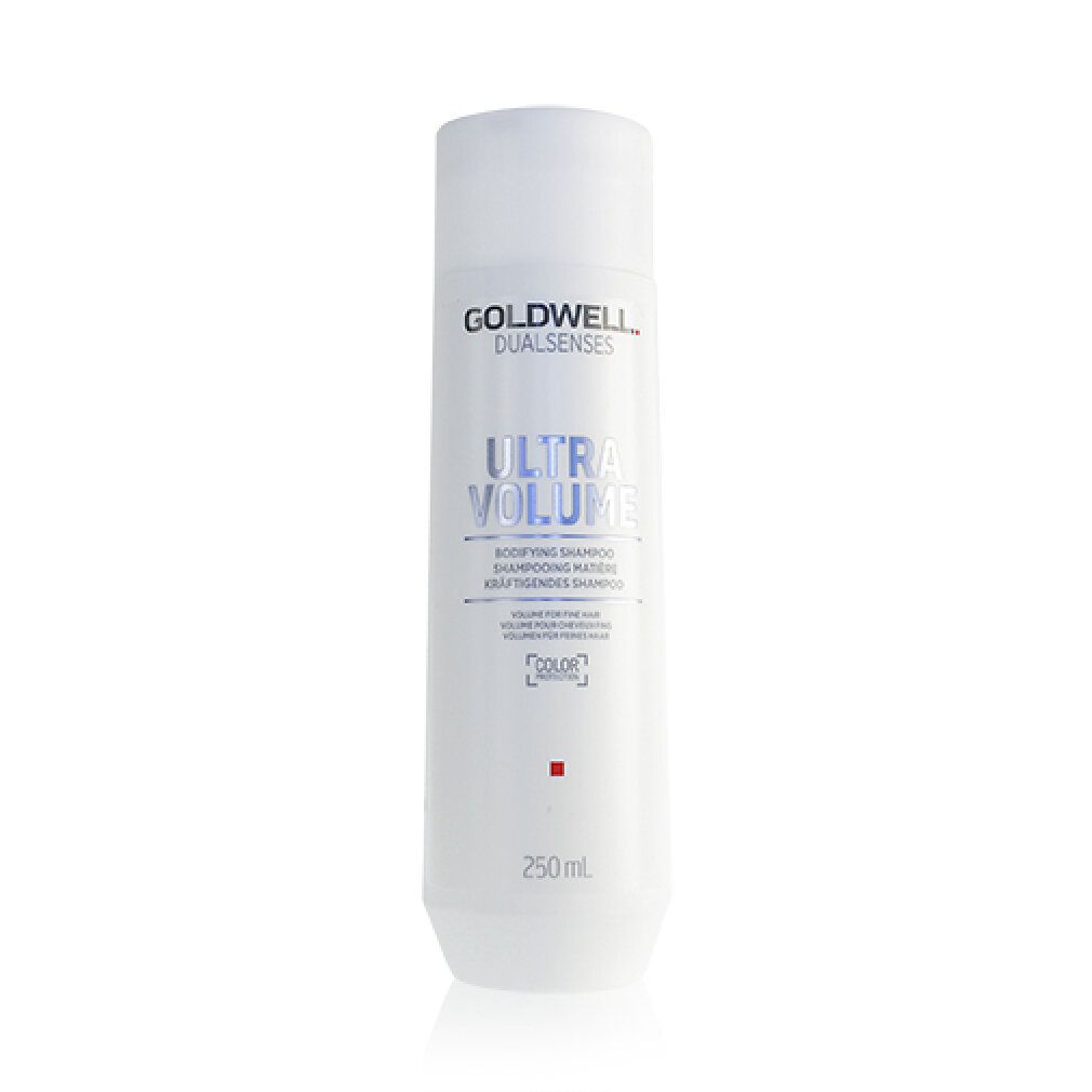 Shampoo bianco 'Goldwell Dualsenses Ultra Volume'. Quadrato rosso e logo 'Color'. 250 ml.