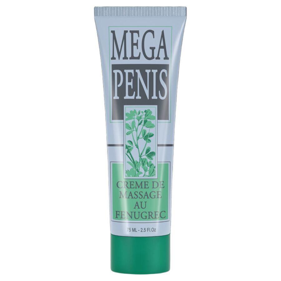Tubo di crema MEGA PENIS. Testo: Crème de massage au fenugrec. Confezione verde e bianca.
