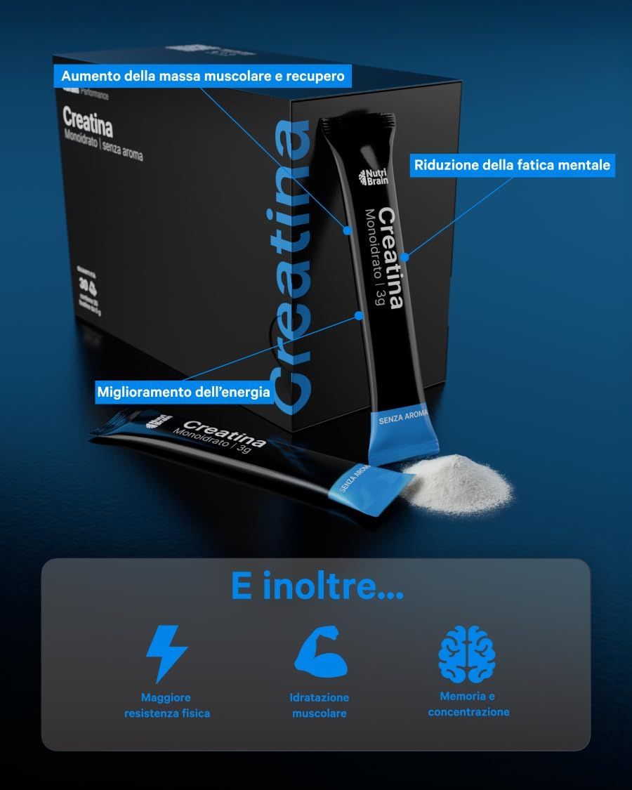 Stick e scatola di Creatina Monoidrato, 3g per stick, senza aroma, per energia e crescita muscolare.