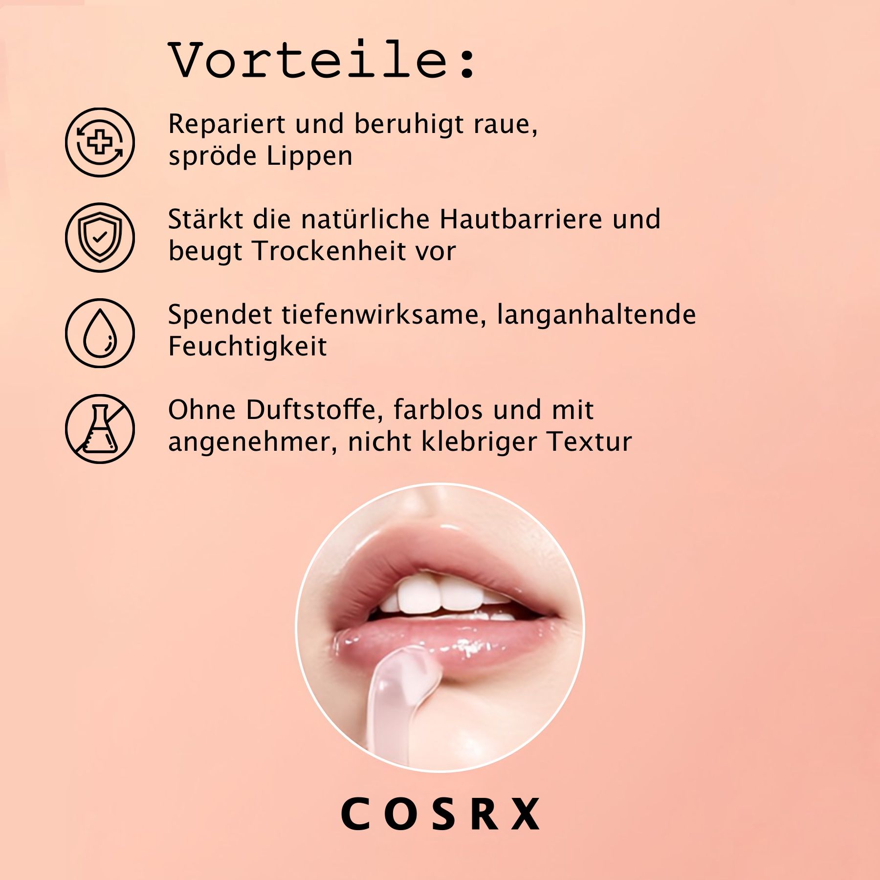 Labbra con prodotto. Testo: Ripara, lenisce, rafforza la barriera cutanea, idrata. Senza profumo. COSRX.