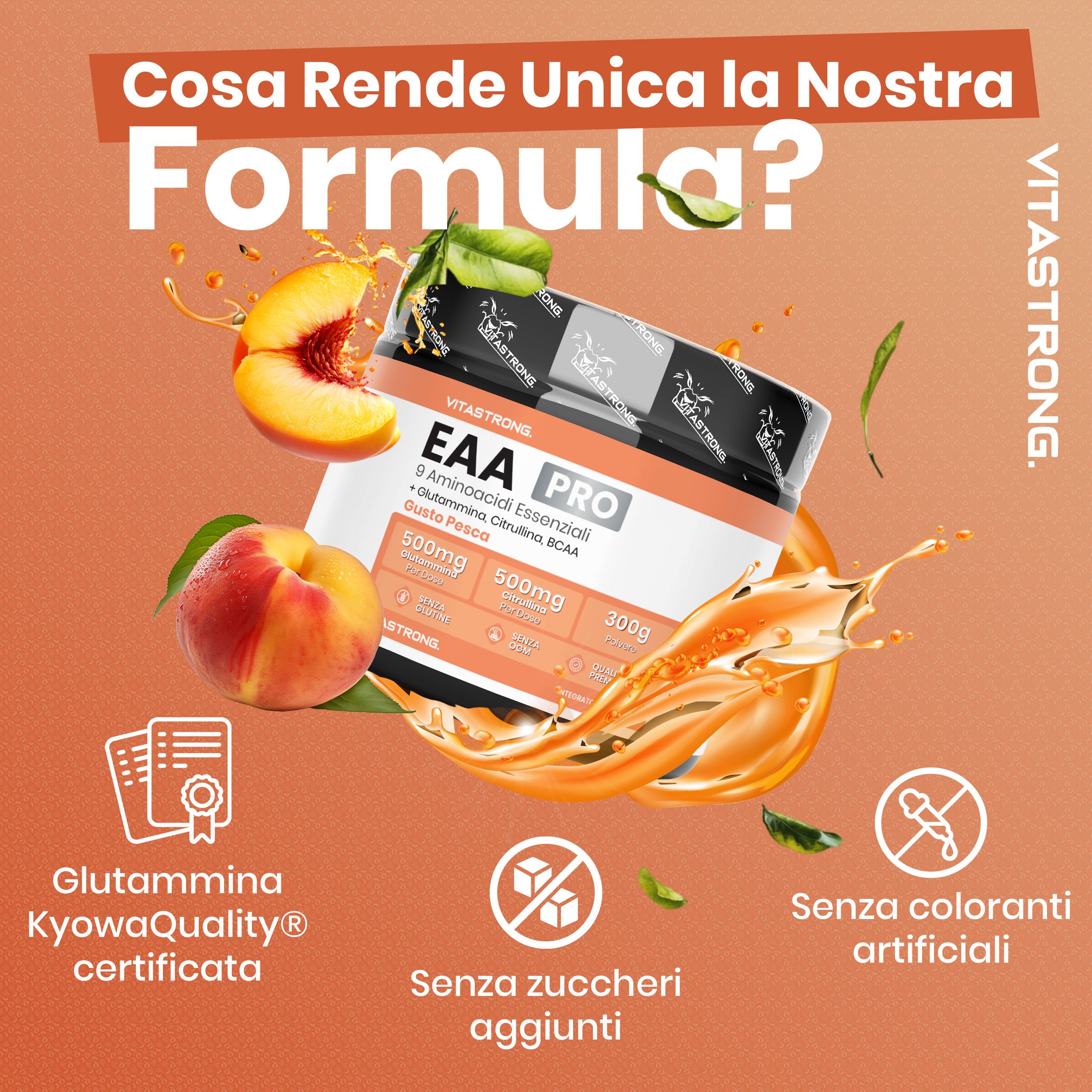 Vitastrong EAA Pro, barattolo. 9 aminoacidi, BCAA, glutammina. Gusto pesca. Certificazioni e simboli.