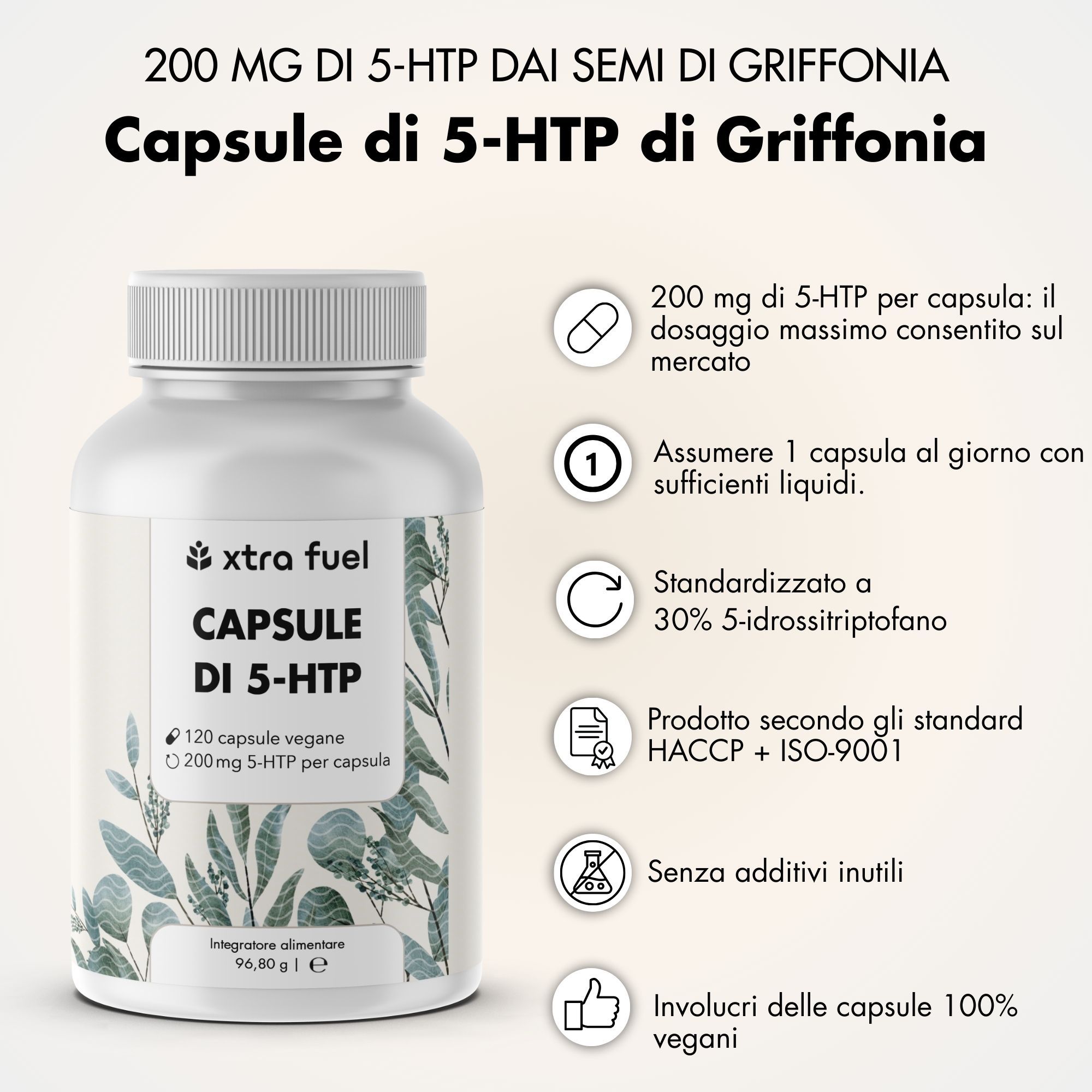 Flacone bianco di capsule. Testo: XTRA FUEL CAPSULE DI 5-HTP, 120 capsule vegane, 200mg 5-HTP per capsula. Infografica con informazioni.