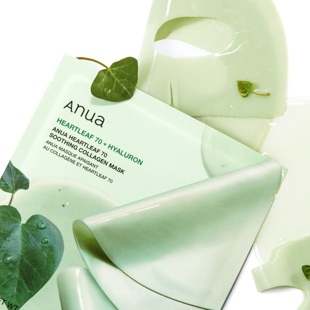 Confezione verde con maschera e liquido. Nome del prodotto e informazioni. Maschera parzialmente spiegata.