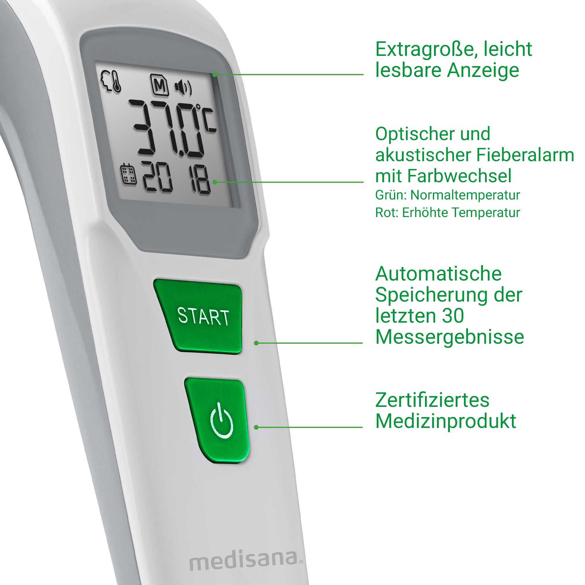 Primo piano termometro medisana: Ampio display, pulsante Start, pulsante Power, "Dispositivo medico certificato".