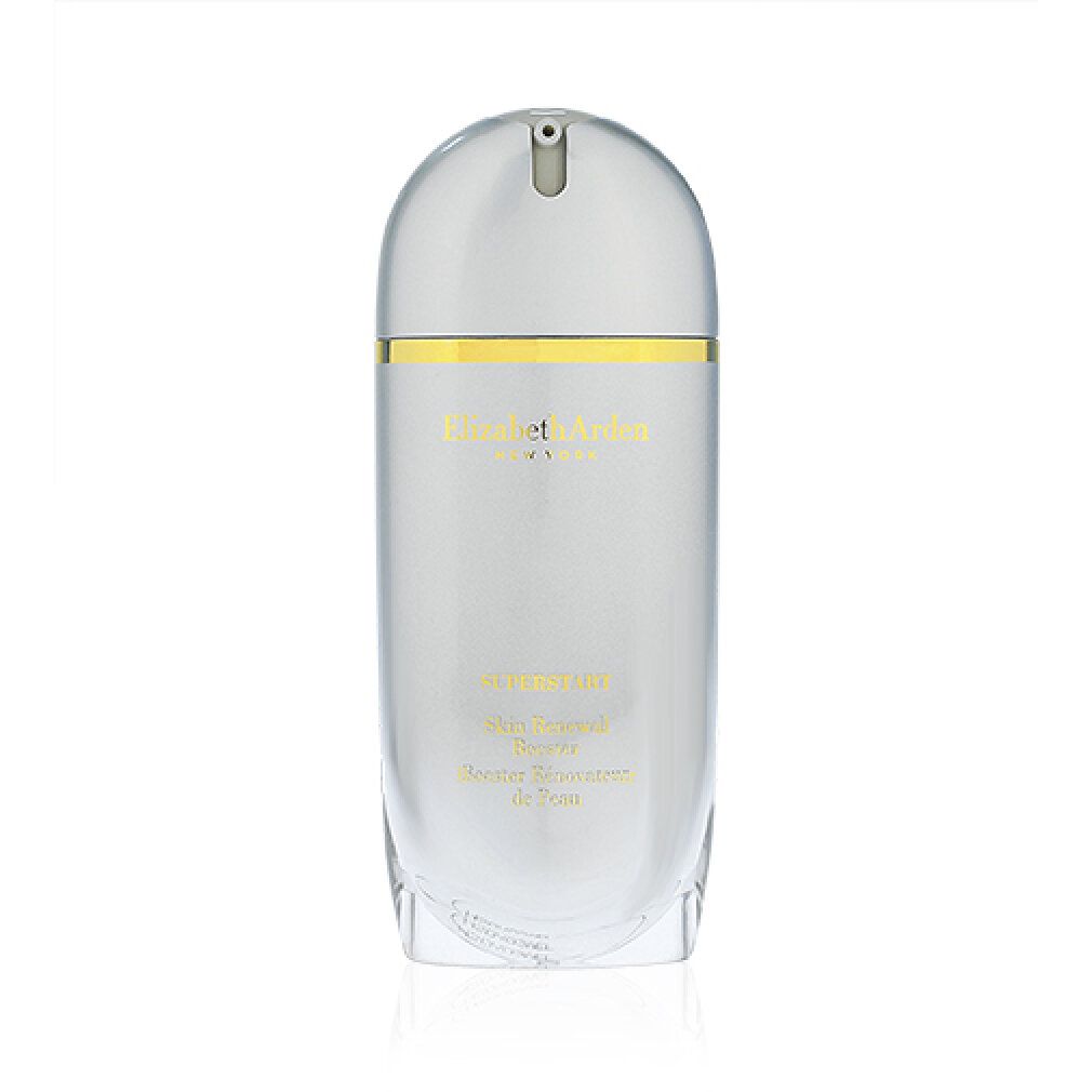 Flacone argento con dettagli dorati. Scritta: Elizabeth Arden, Superstart, Skin Renewal Booster, Booster Réformateur de Peau. Con erogatore.