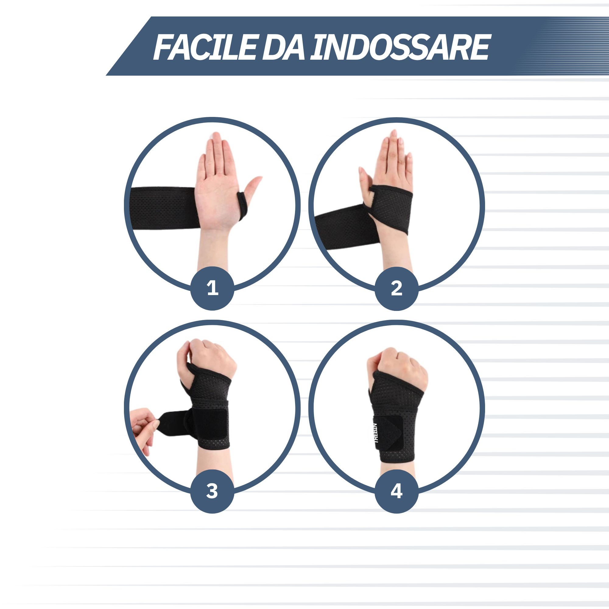 Istruzioni per indossare una fascia polso nera.