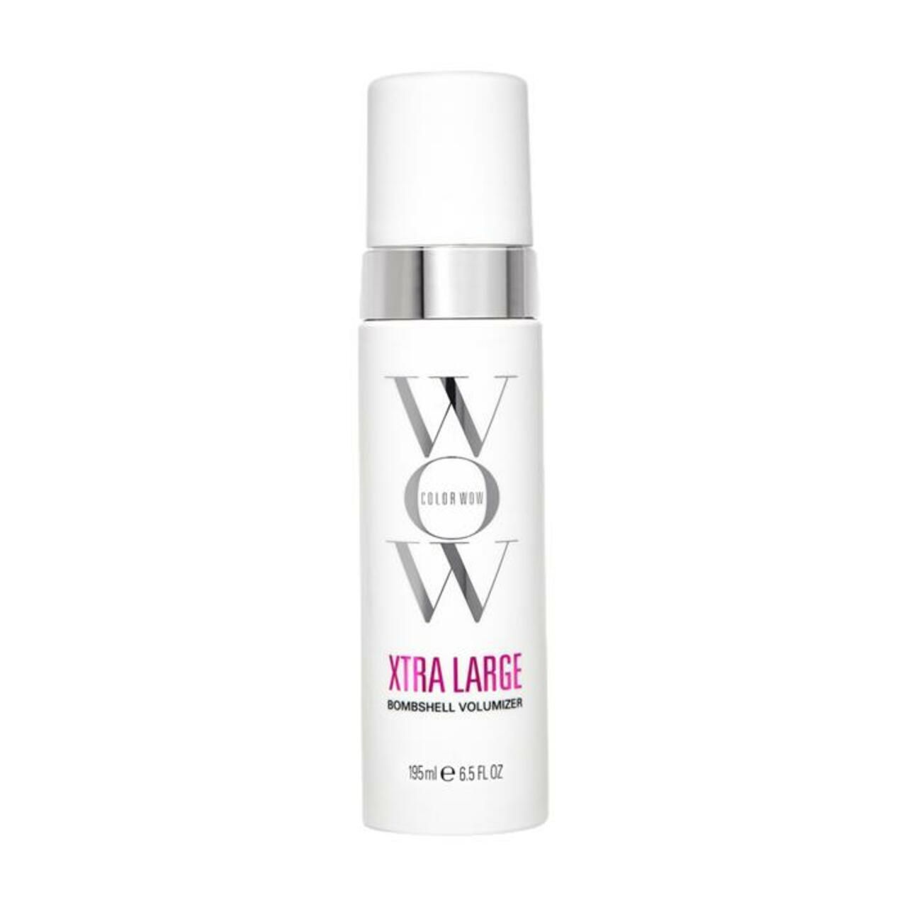 Prodotto bianco con anello argentato e tappo bianco. Scritta: WOW, XTRA LARGE Bombshell Volumen-Schaum. 185ml 6.5 fl oz.