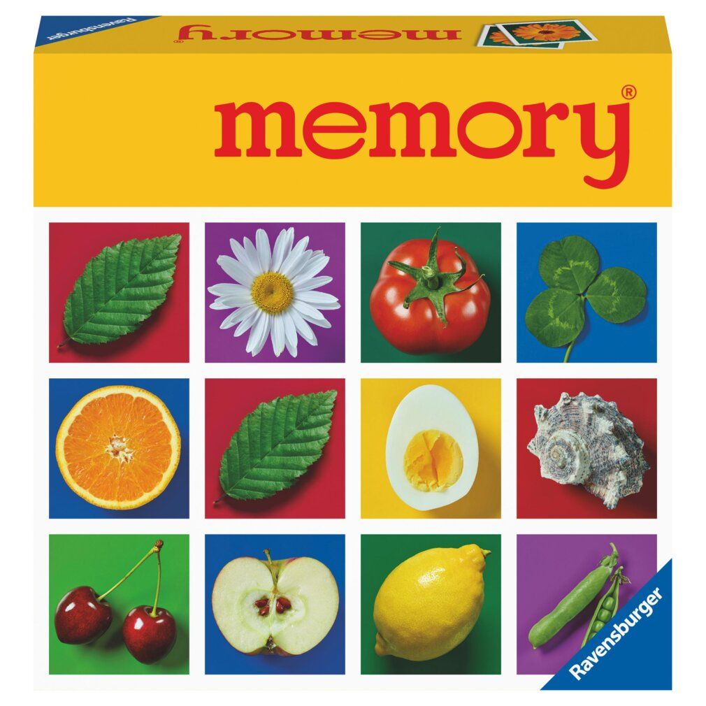 Scatola gialla con scritta "memory". 12 carte quadrate con immagini di cibo e natura. Logo Ravensburger.