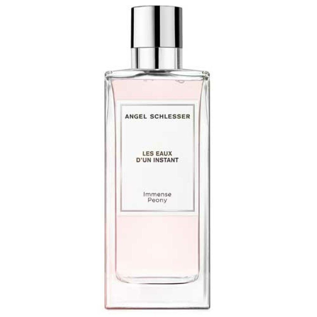 Flacone rettangolare con tappo argentato. Etichetta: Angel Schlesser, Les Eaux d'Un Instant, Inmense Peony.