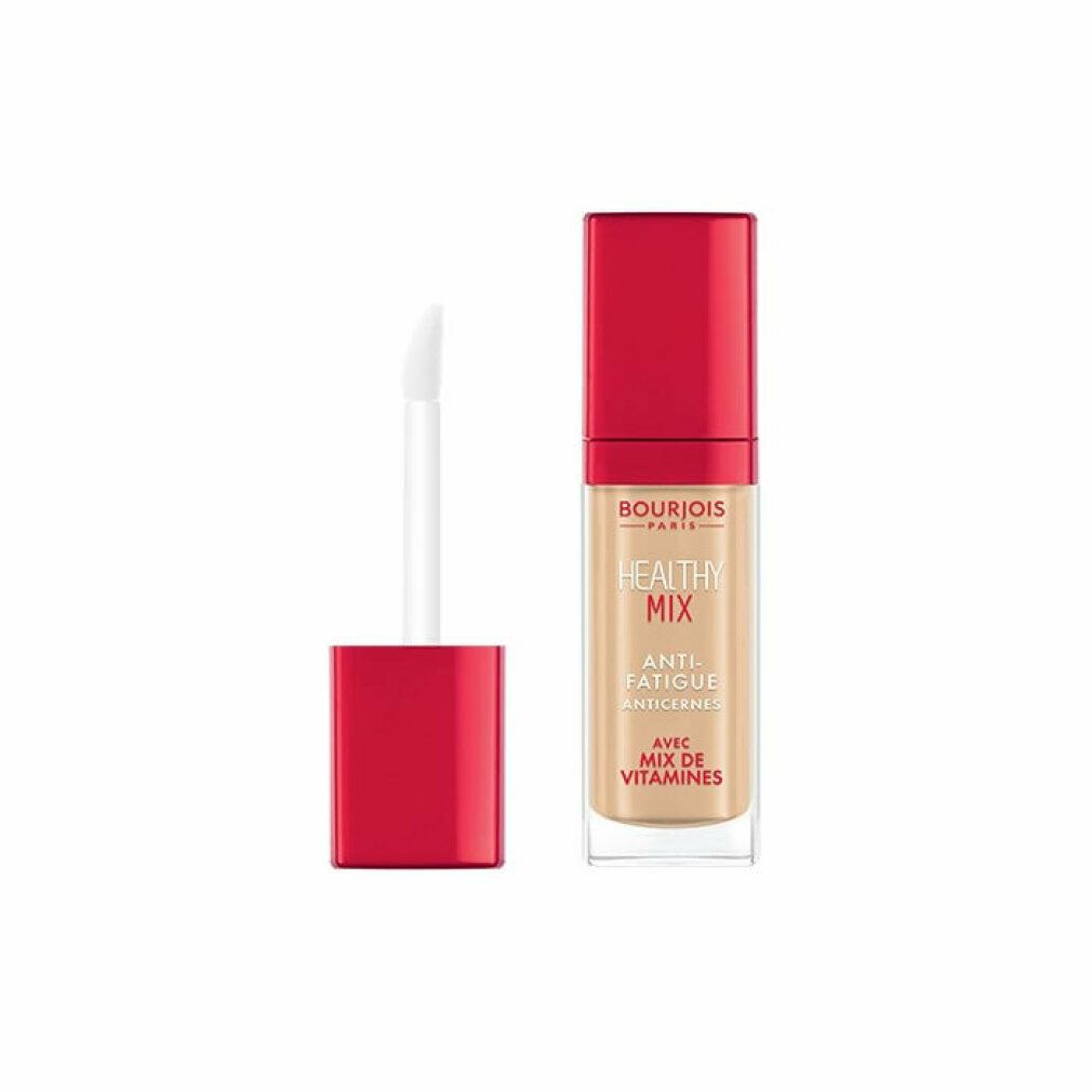 Correttore Bourjois Healthy Mix aperto. Applicatore con punta bianca accanto al flacone trasparente con tappo rosso.