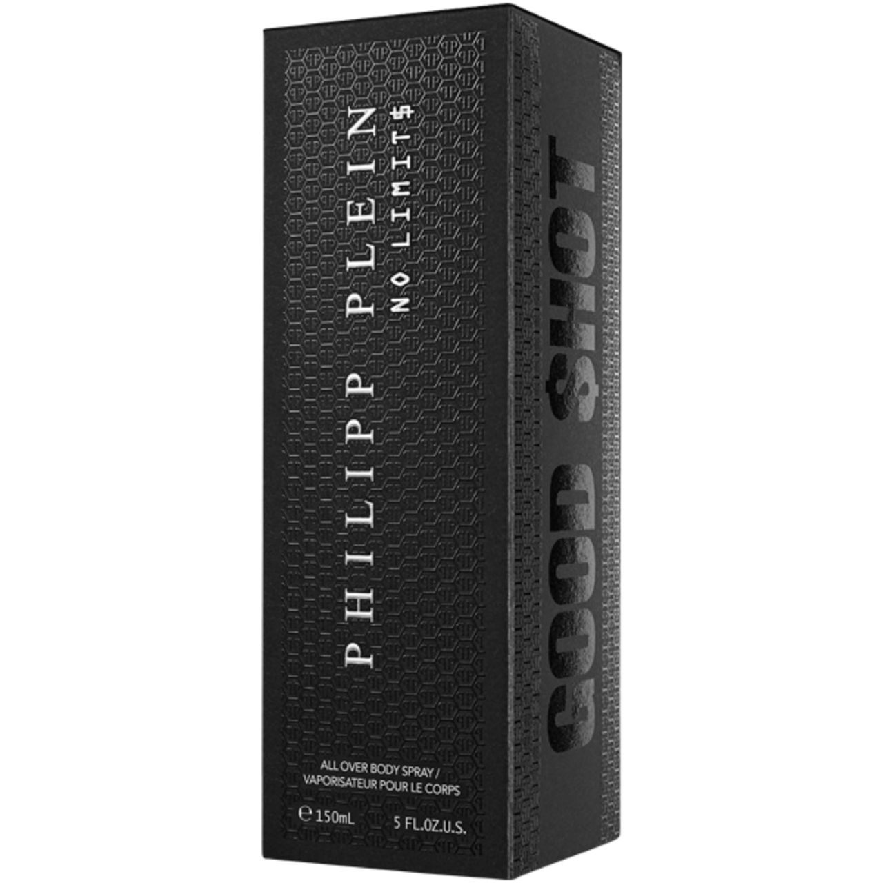 Scatola nera in rilievo. Scritta: PHILIPP PLEIN NO LIMIT$. GOOD SHOT. 150ml.