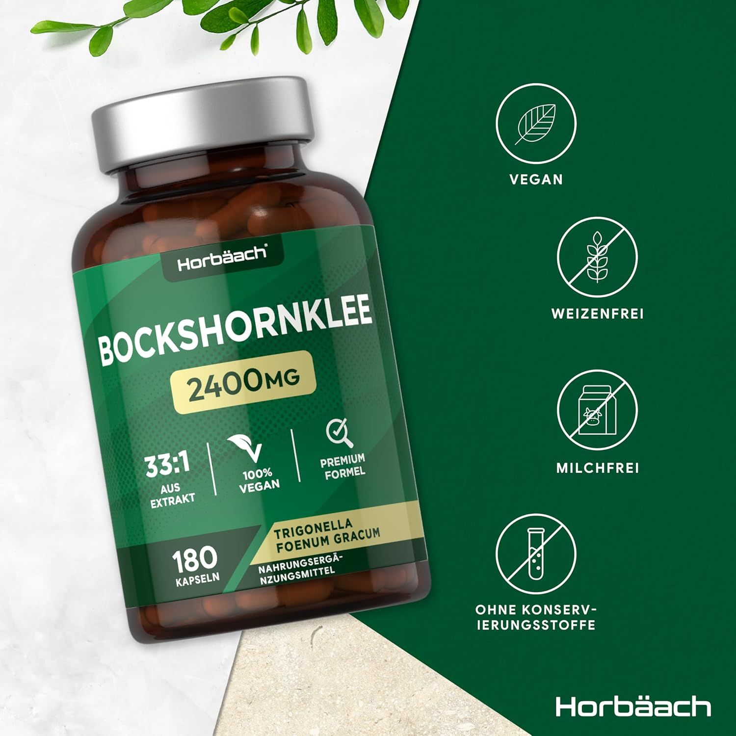 Flacone marrone con etichetta verde. Bockshornklee 2400mg, 180 capsule. Vegano, senza grano, senza latte, senza conservanti.