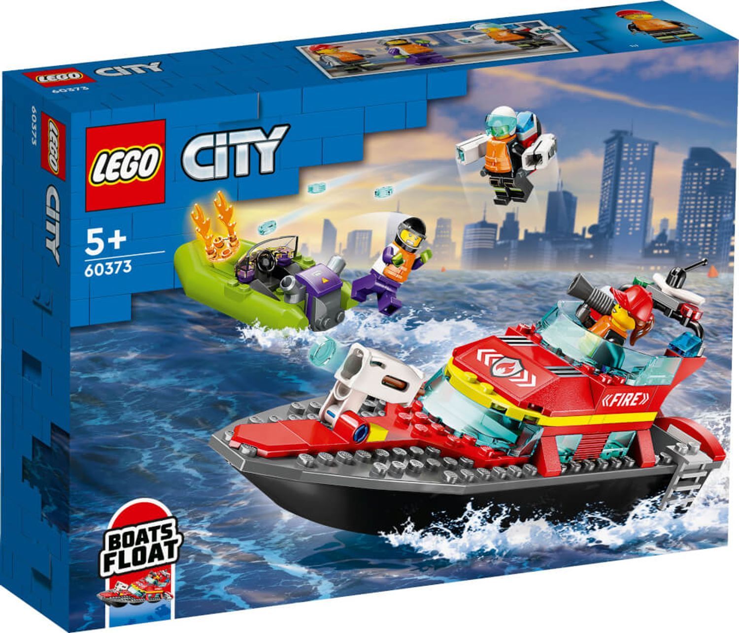 LEGO City Fire 60373. Barca dei pompieri giocattolo con personaggi e accessori. Confezione con immagine e logo.