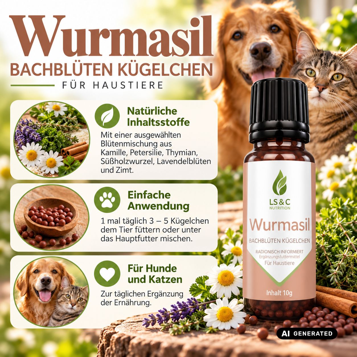 Flacone di granuli di fiori di Bach per animali domestici, con cane e gatto accanto.