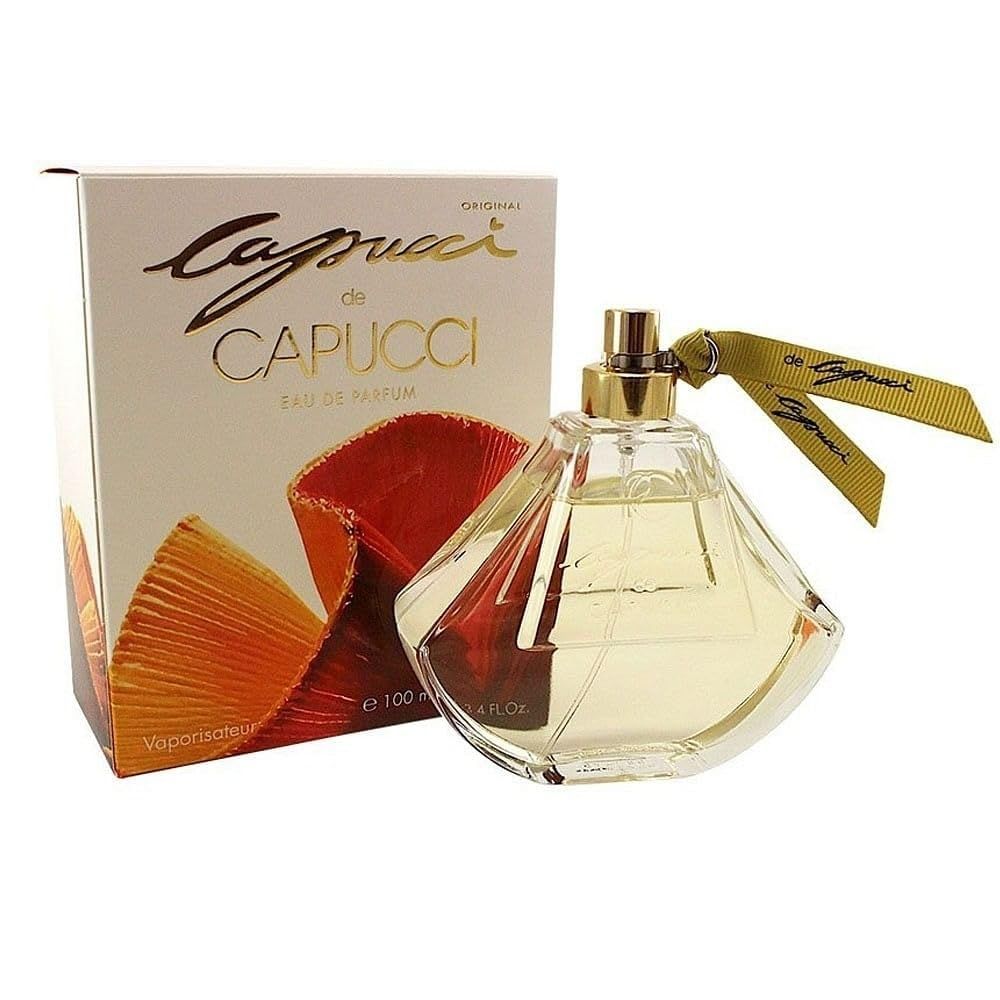 Flacone di profumo e confezione. Flacone a forma di diamante, tappo dorato, nastro giallo. Confezione con scritta Capucci.