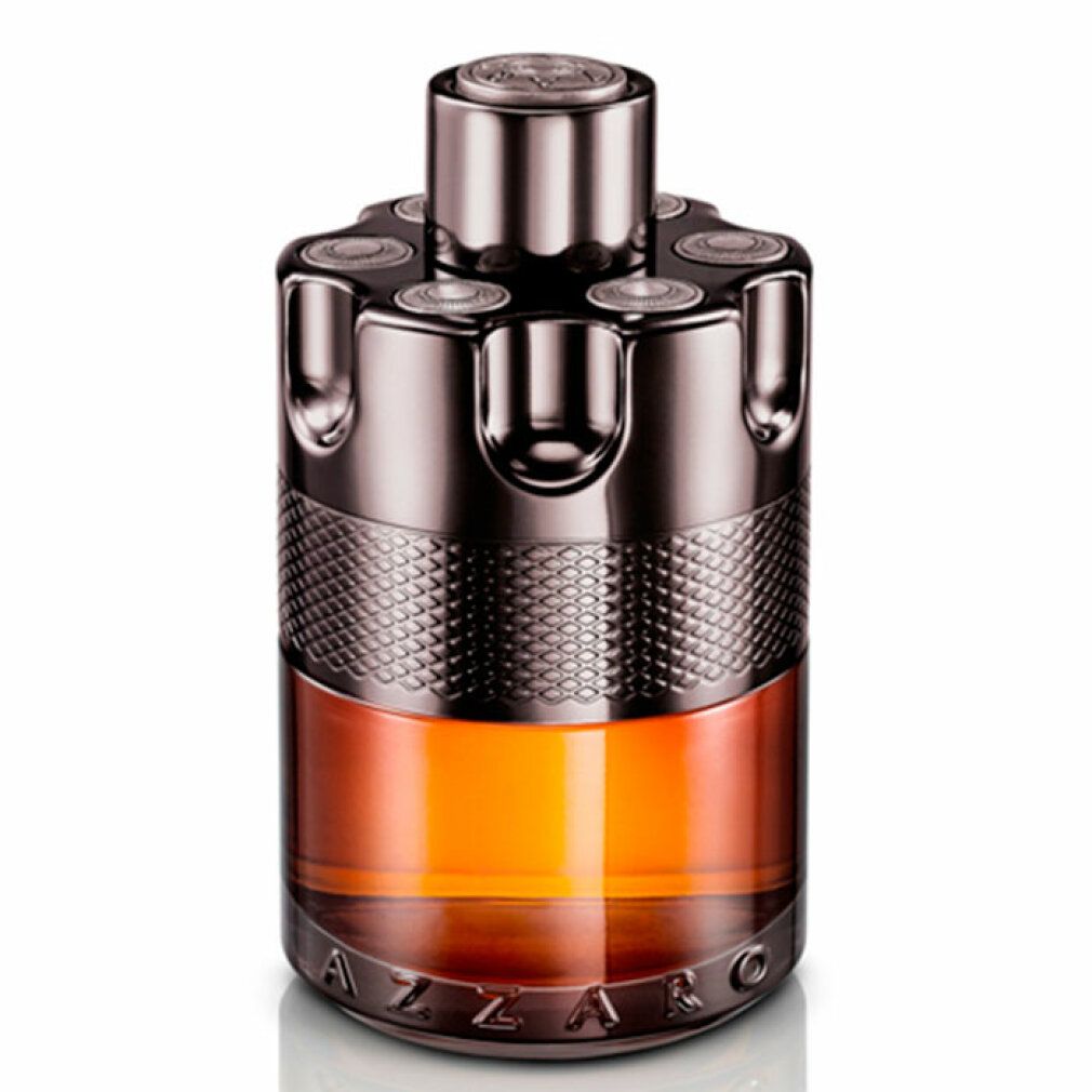 Azzaro Wanted by Night Eau de Parfum. Flacone cilindrico, tappo argentato, liquido dorato. Vista ravvicinata.