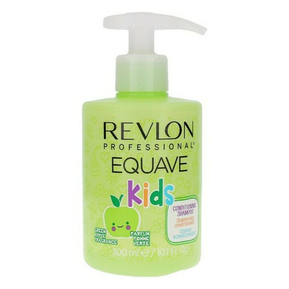 Flacone verde con dosatore bianco. Scritta: Revlon Equave Kids, profumo di mela. Contiene 300 ml.