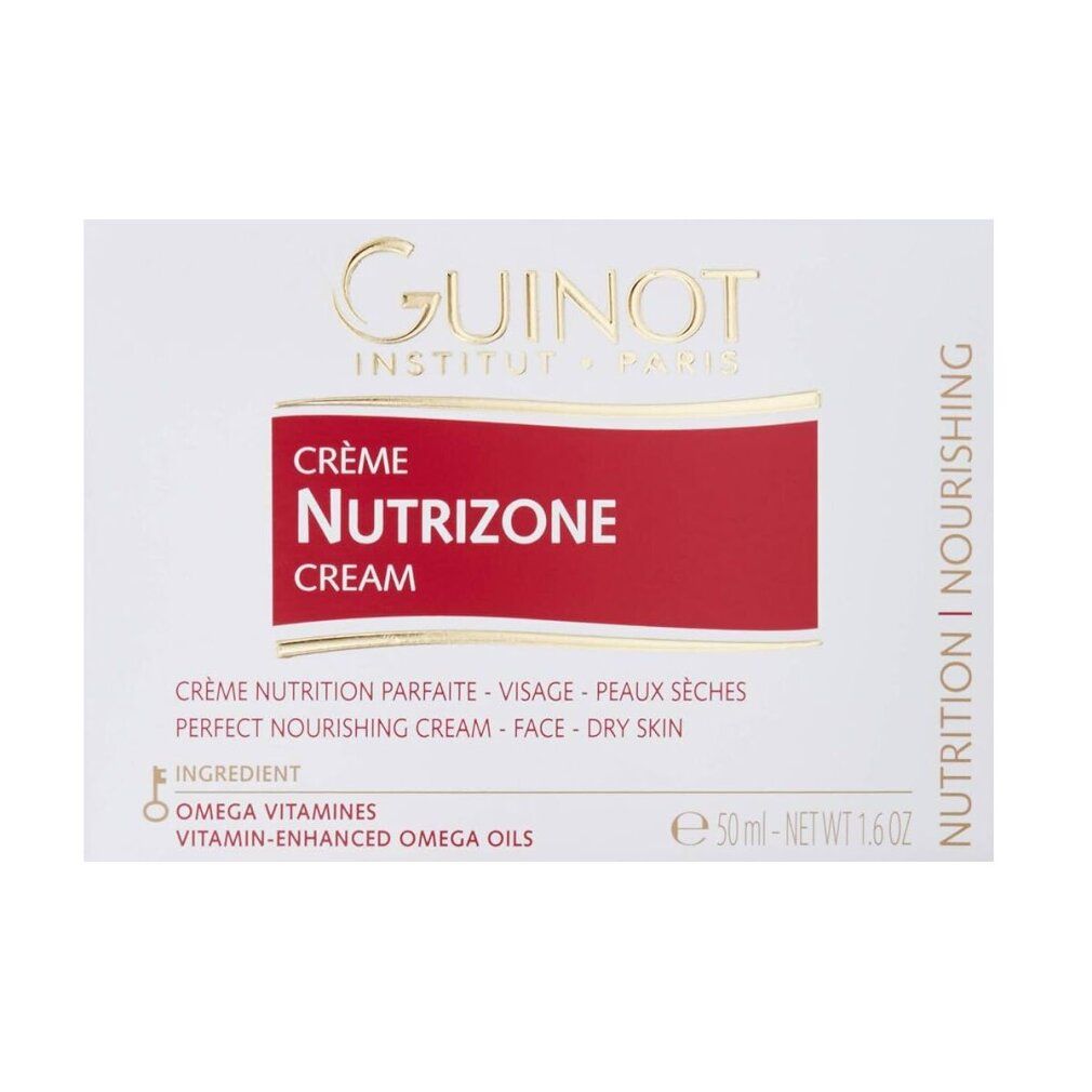 Confezione della crema. Crema Guinot Nutrizone. Bianco, testo rosso. Testo: Crème Nutrizone, Peaux sèches. Testo dorato.