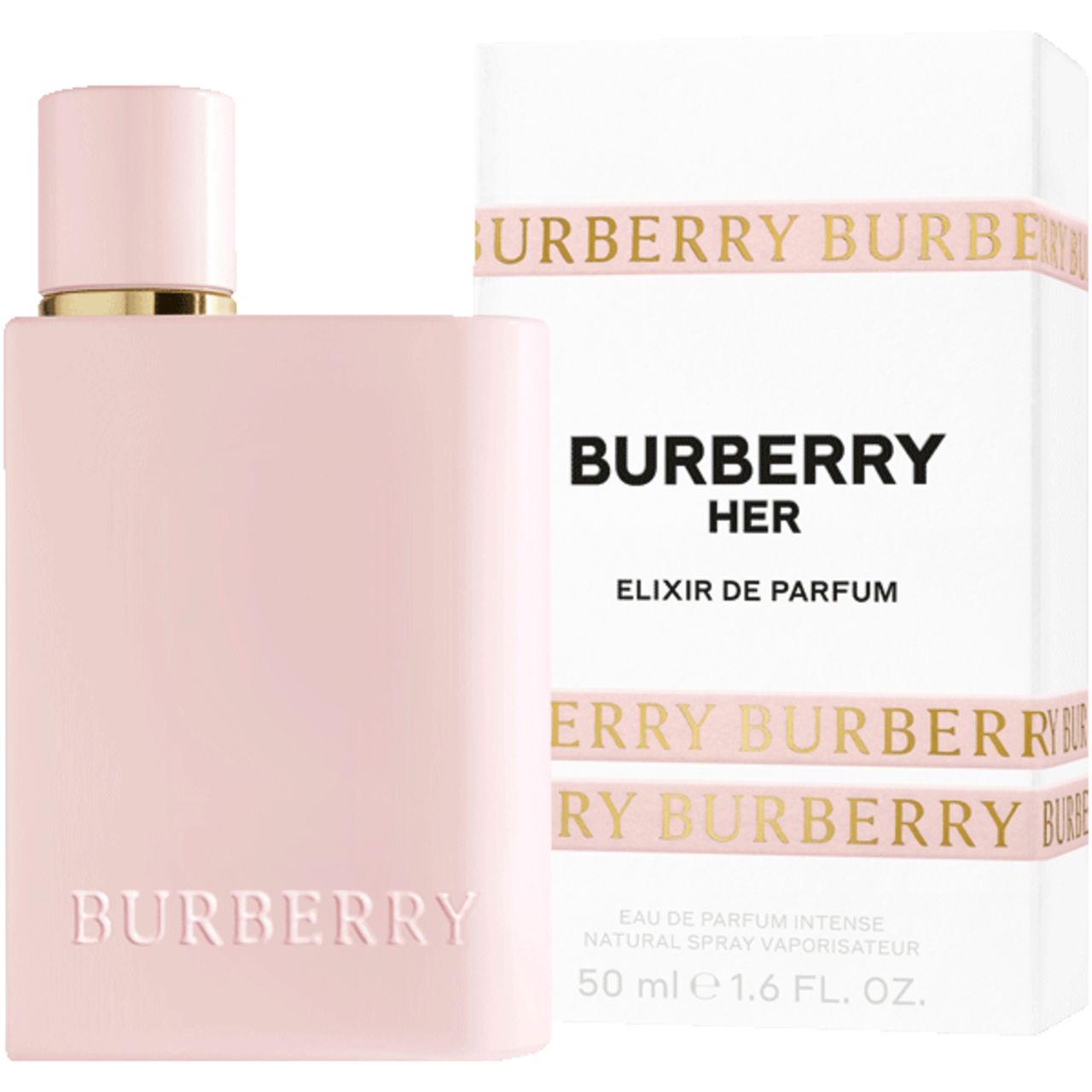 Flacone rosa Burberry Her Elixir e confezione. Flacone con tappo dorato. Confezione con scritta Burberry.