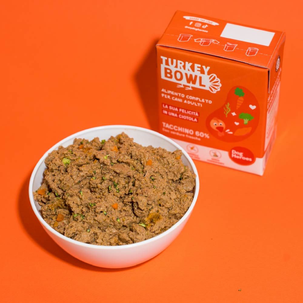 Ciotola di cibo per cani accanto a una scatola. Scritto: Turkey Bowl, 60% tacchino. Logo Dog Heroes.