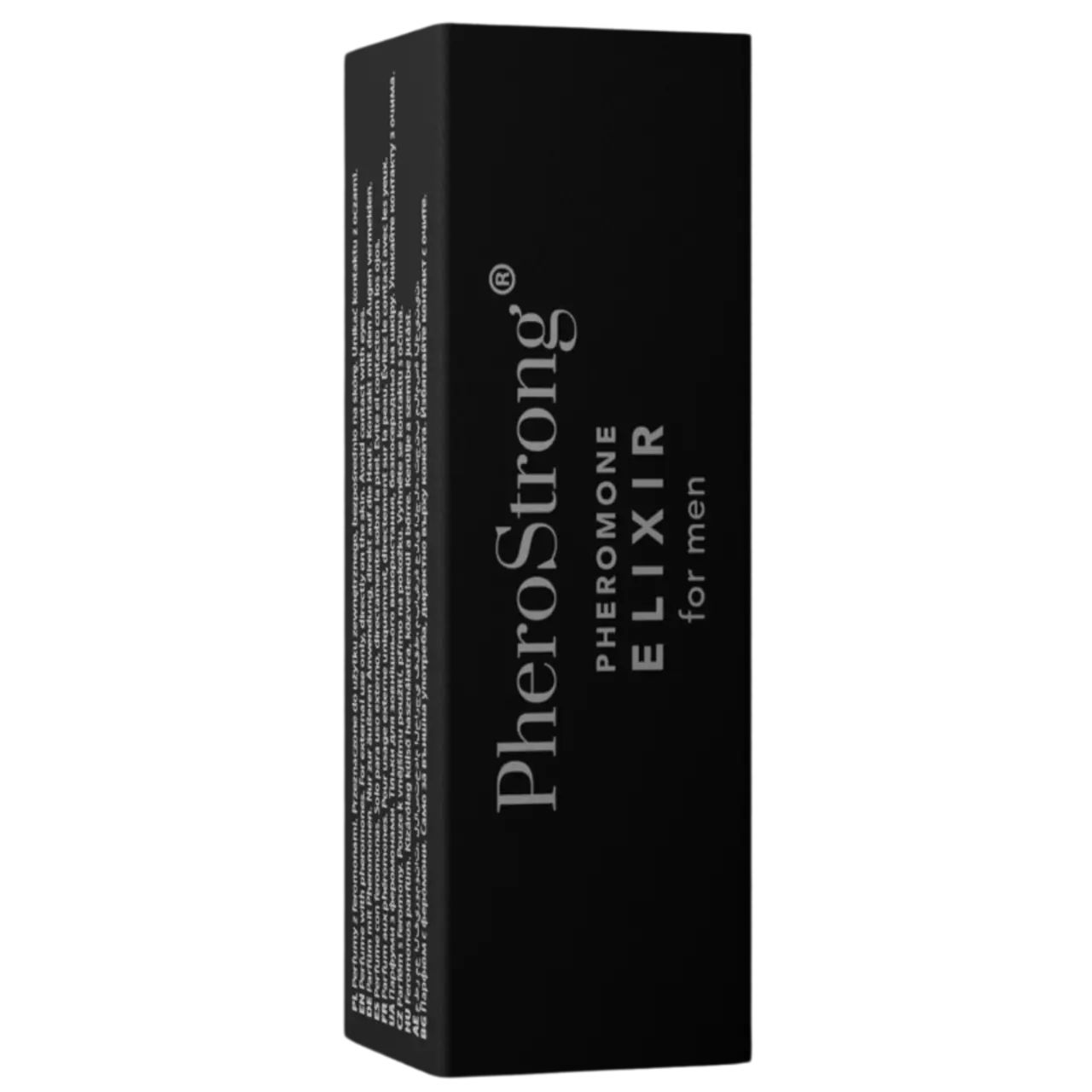 Scatola nera. Scritta: PheroStrong Elixir for men. Testo sul lato.