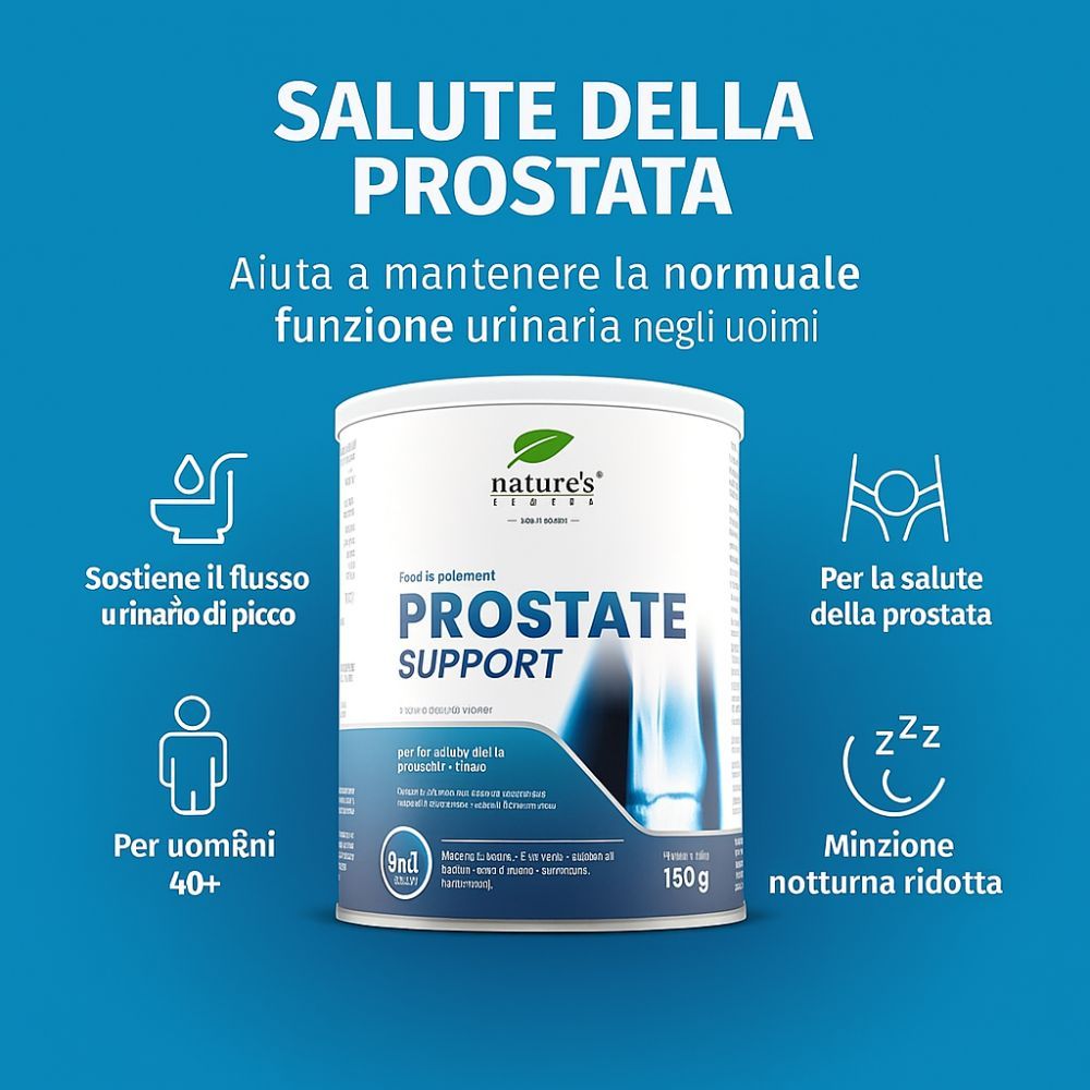 Barattolo "PROSTATE SUPPORT". 150g. Testo: "Salute della prostata". Per uomini over 40. Supporta la funzione urinaria.