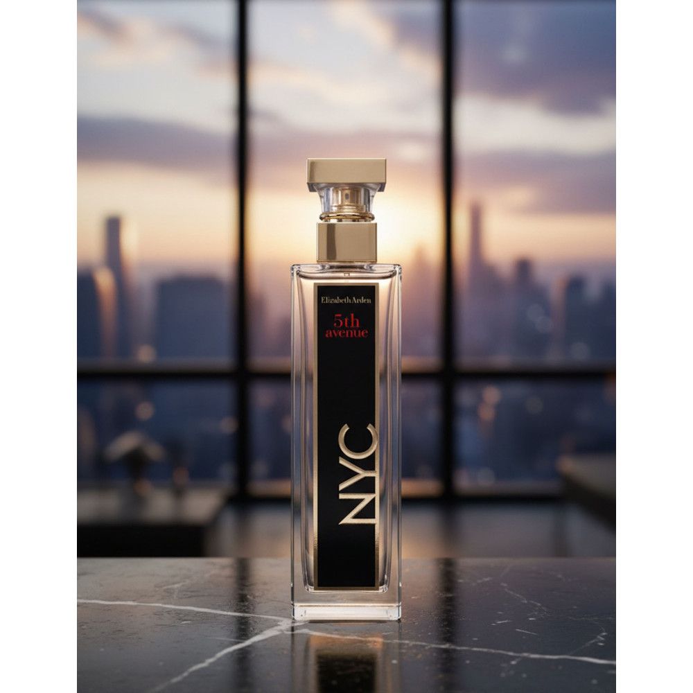 Flacone rettangolare con tappo dorato. Etichetta nera con "5th avenue NYC". Sfondo: città.