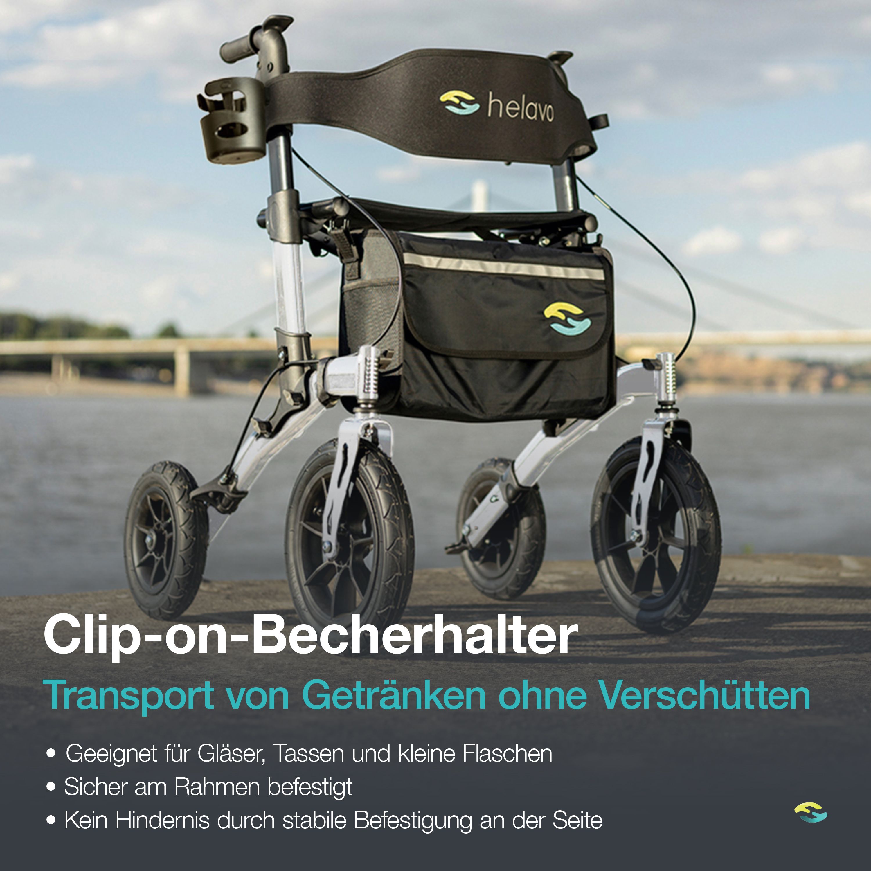 Rollator Helavo con portabicchieri a clip per bevande, fissato saldamente al telaio.