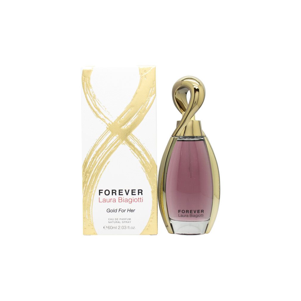 Flacone e confezione Laura Biagiotti Forever Gold for Her Eau de Parfum. Flacone con tappo dorato attorcigliato.
