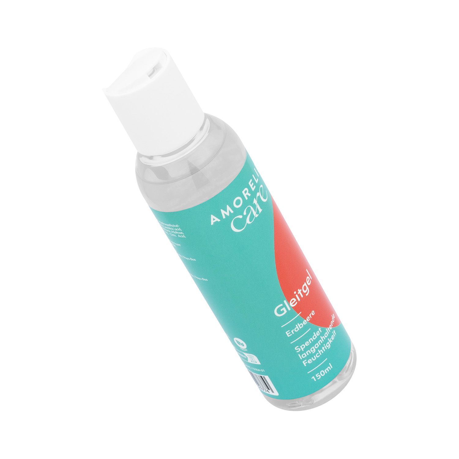 Flacone trasparente inclinato con tappo bianco. Scritta AMORELIE care, Gleitgel Erdbeere.