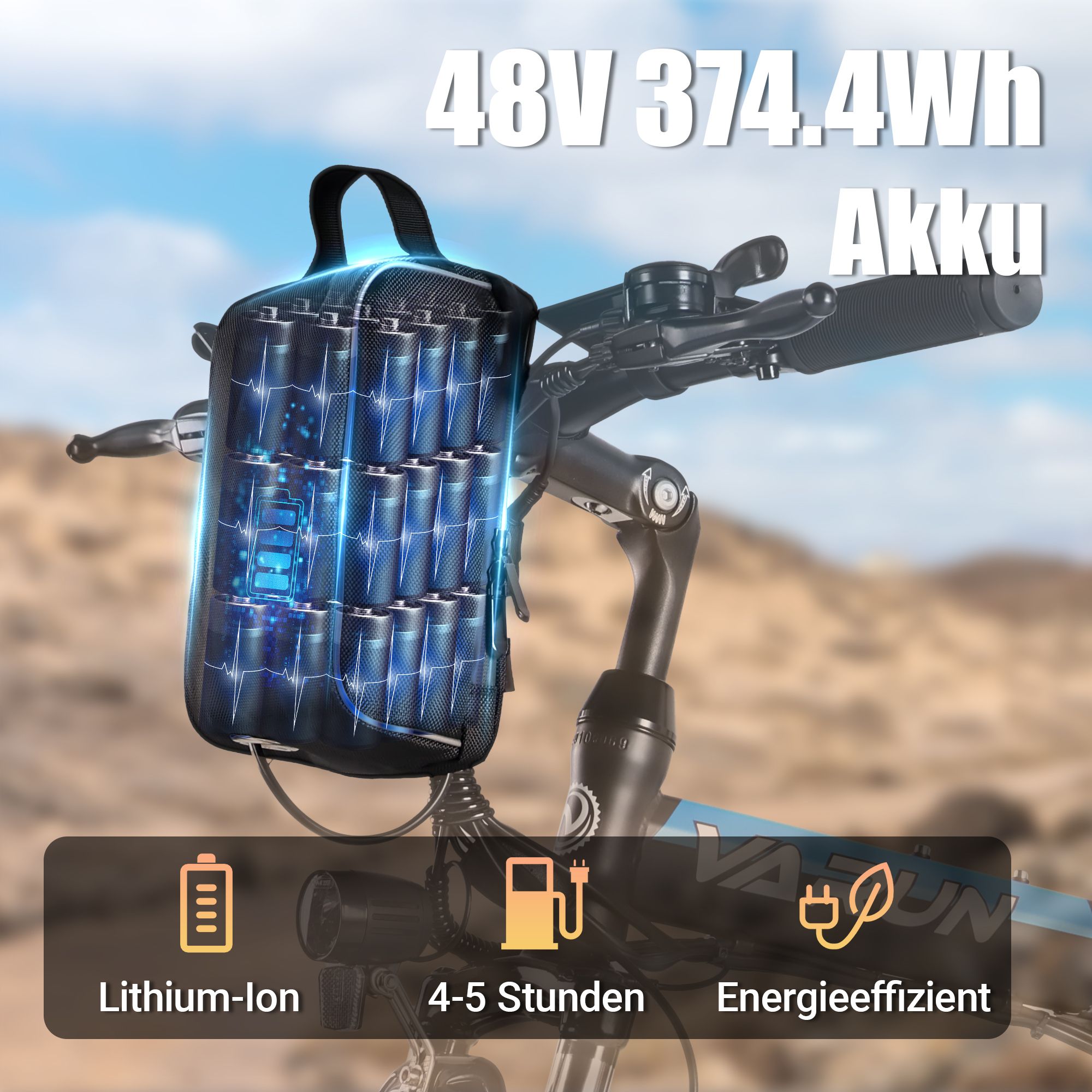 Batteria e-bike 48V 374,4Wh. Batteria agli ioni di litio. Tempo di ricarica 4-5 ore. Efficienza energetica. Pacco batteria sul manubrio.
