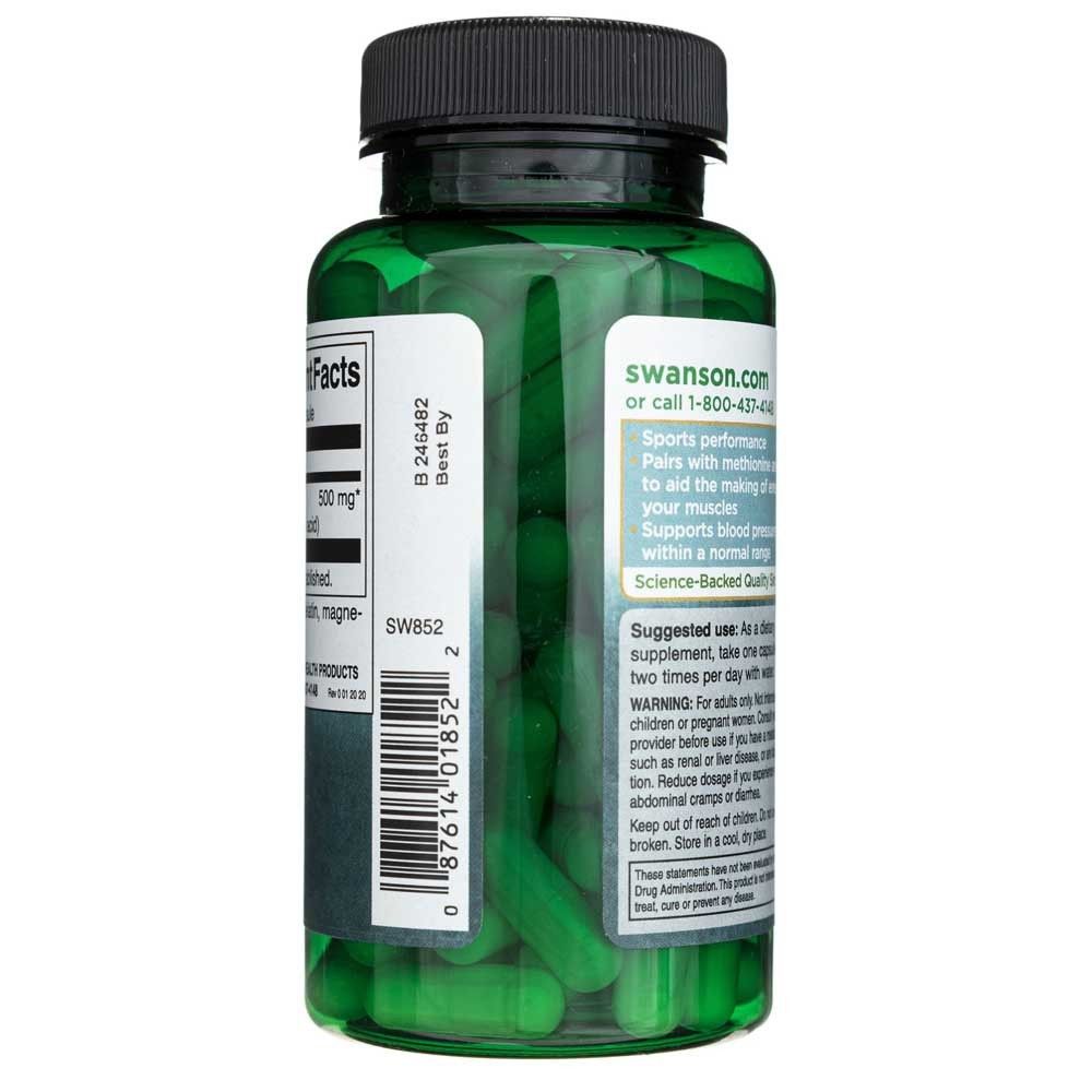 Flacone verde di capsule di L-Arginina, retro con istruzioni per l'uso e informazioni sul prodotto.