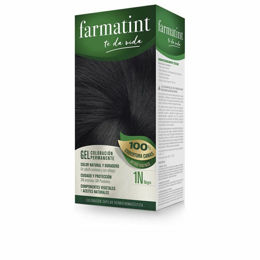 Scatola di tintura per capelli. Nome del prodotto e tonalità 1N Negro. Confezione verde e bianca con immagine del prodotto.