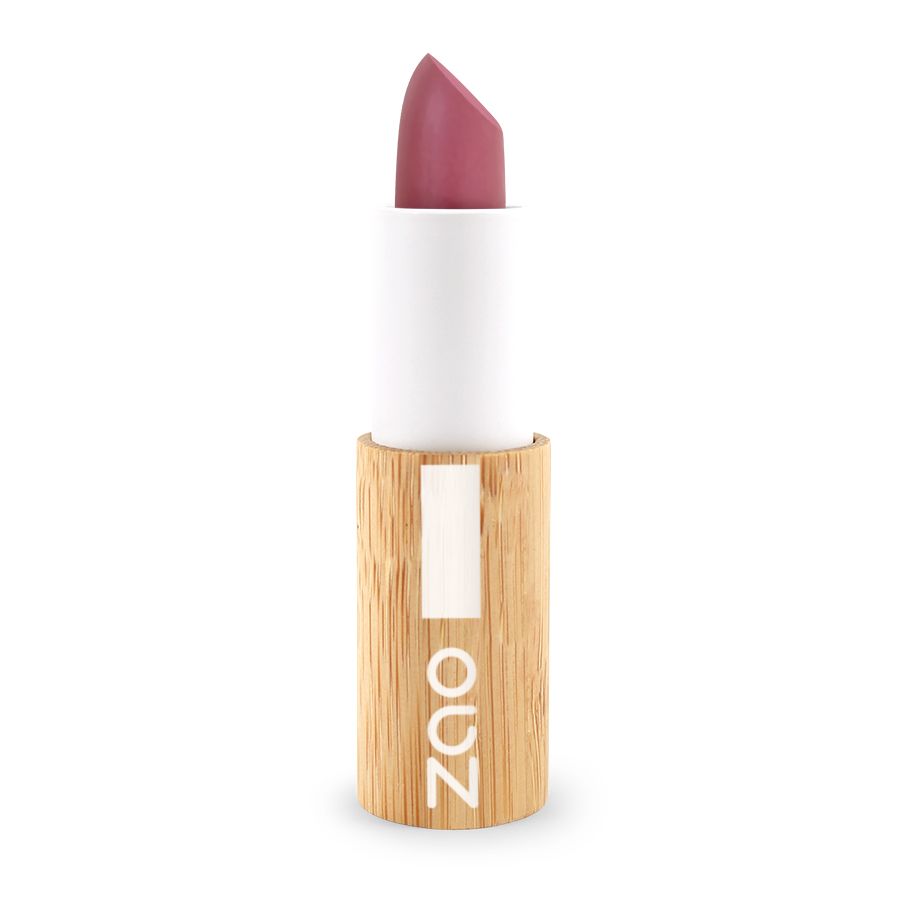 Rossetto rosa. Stick bianco, astuccio in legno con logo ZAO. Scritta: ZAO.