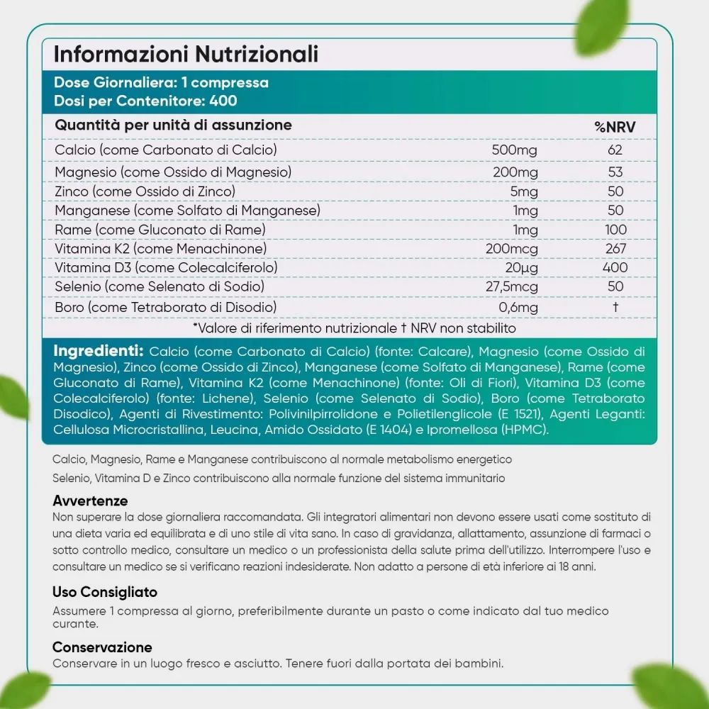 Tabella nutrizionale con ingredienti. Testo: Informazioni nutrizionali. 1 compressa.