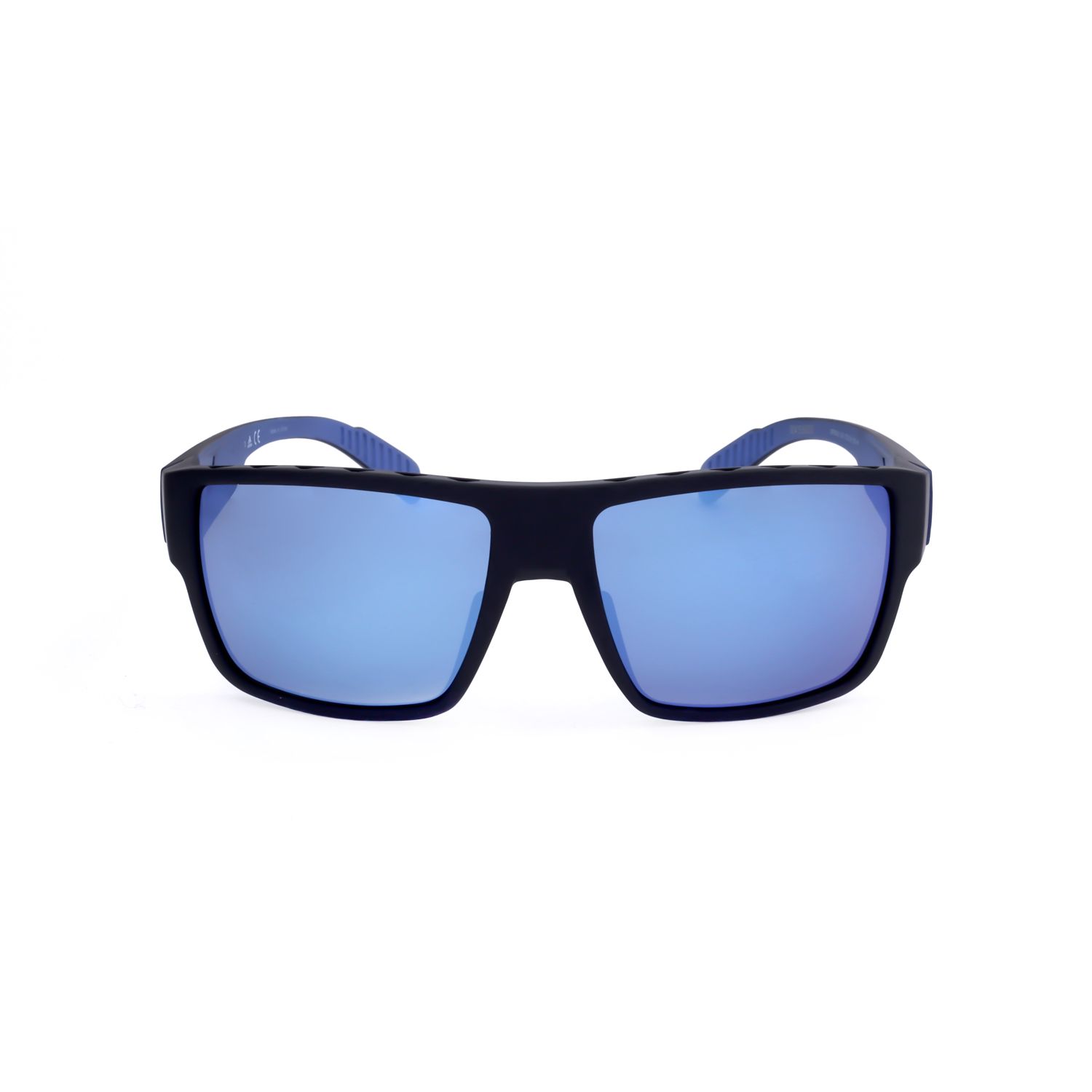 Occhiali da sole neri con lenti a specchio blu e aste blu.