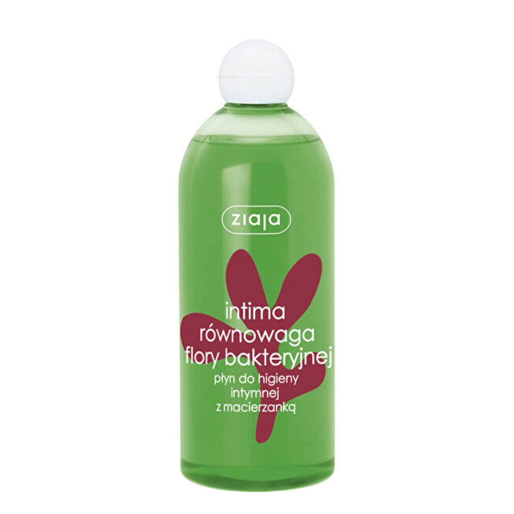 Flacone verde con tappo bianco. Stampa rossa con testo. Marca: Ziaja. Prodotto per l'igiene intima.