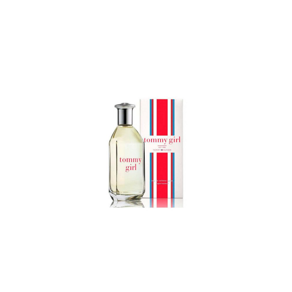 Flacone di Tommy Girl Eau de Toilette Spray e confezione. Flacone e scatola con logo e nome.