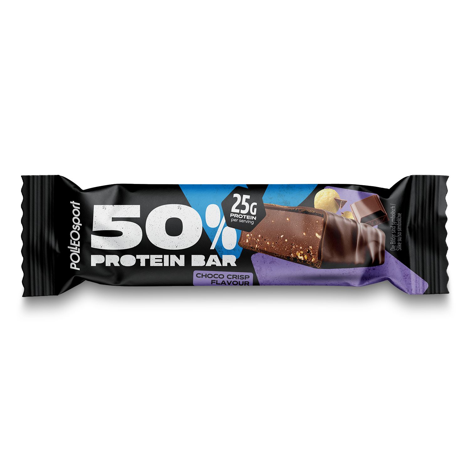 Barretta proteica 50%. Confezione nera. Gusto Choco Crisp. Marchio: Polleo Sport. 25g proteine per porzione.