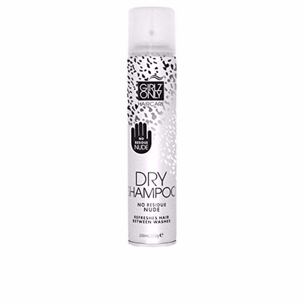 Flacone spray di shampoo secco Girlz Only. Testo: Dry Shampoo, No Residue Nude. Rinfresca i capelli tra i lavaggi. Con erogatore.