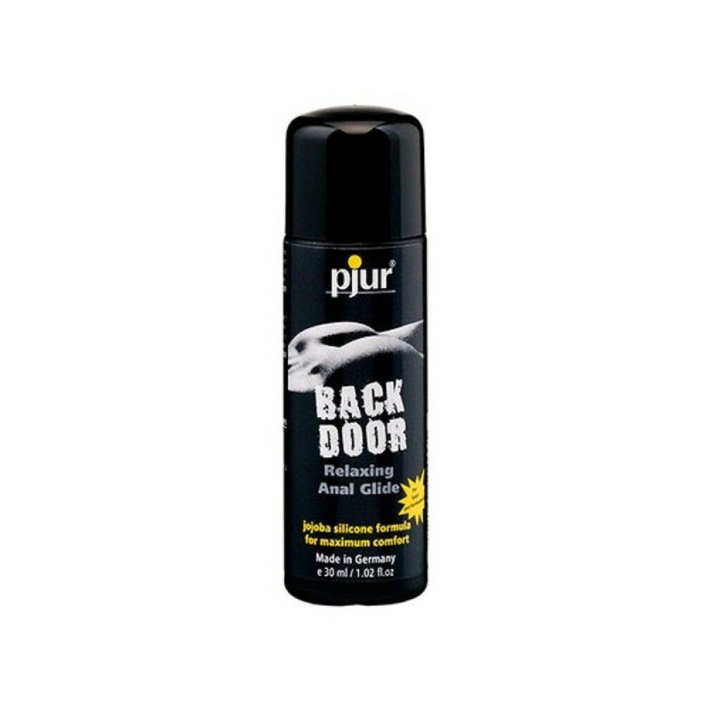 Flacone nero con tappo nero. Scritta: pjur, BACK DOOR, Relaxing Anal Glide. Contiene 30ml. Prodotto in Germania.