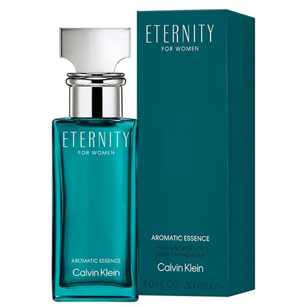 Flacone e scatola turchese. Scritta: Eternity for Women, Aromatic Essence, Calvin Klein. Sulla scatola: Spray Vaporisateur.