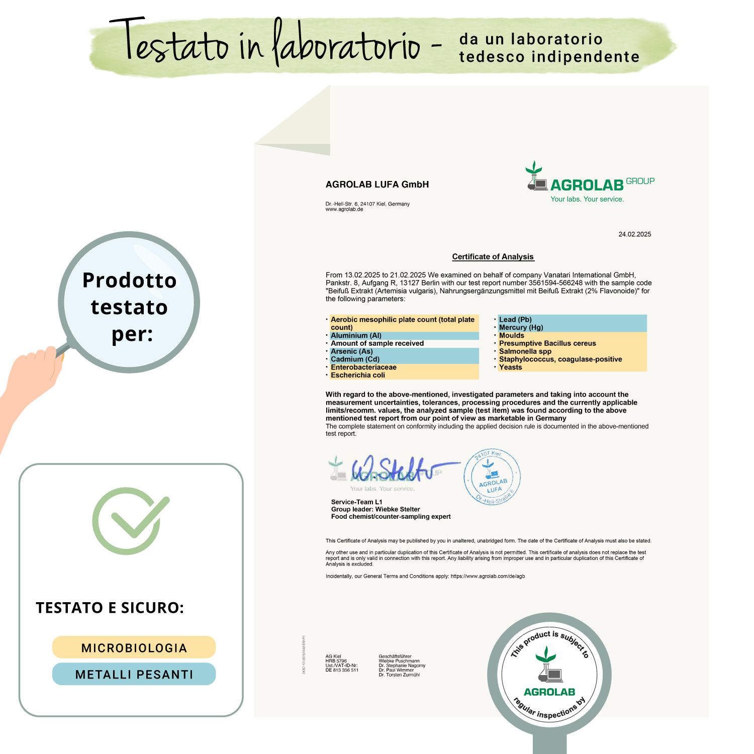 Certificato di Agrolab LUFA GmbH. Conferma dei test su microbiologia e metalli pesanti. Logo: Testato e sicuro.
